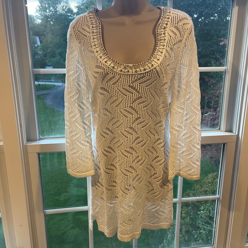 White House Black Market Ivory Knit Swim Cover Up with Sequin Neckline